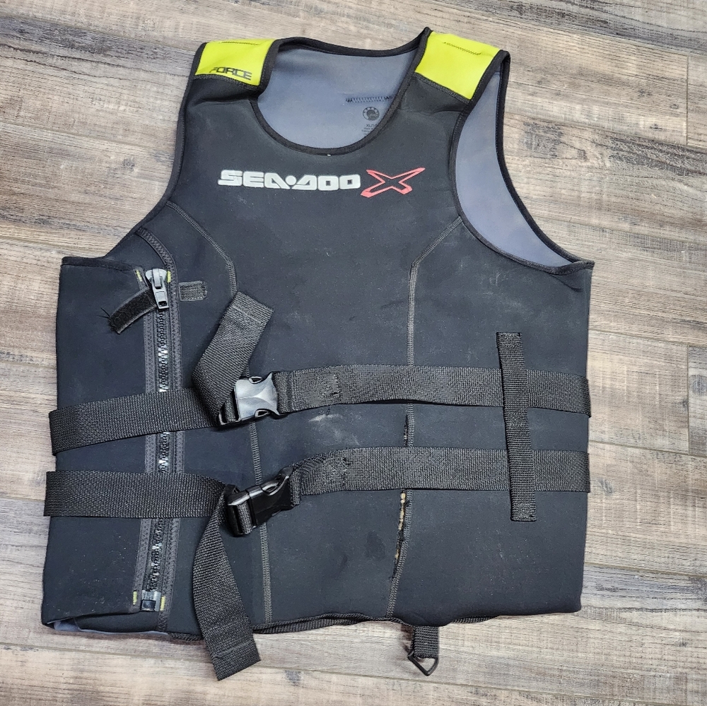 Sea-Doo Black and Yellow Life Vest Force X Pull Over Side Zip.. Small Rip Shown